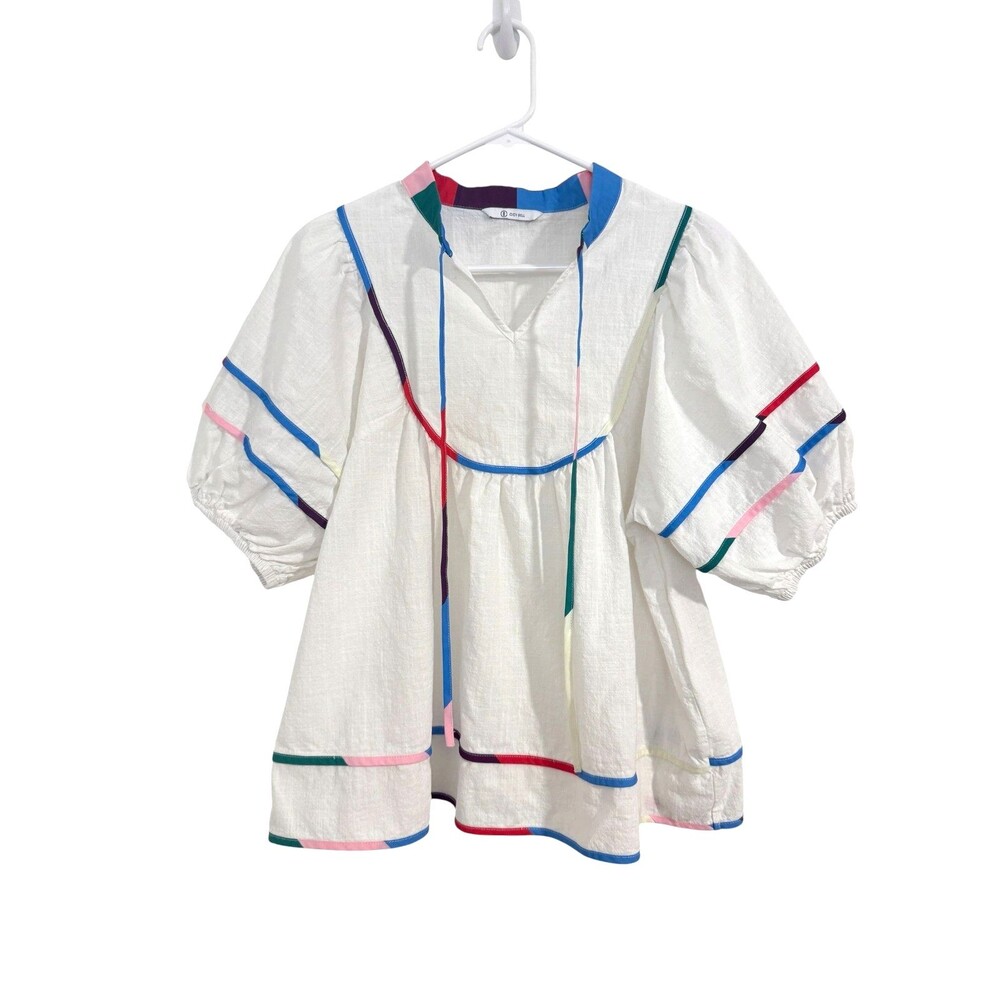 Cicy Bell Women's Size M White Boho Puff Sleeve Cotton Blouse W/Multi Color Trim